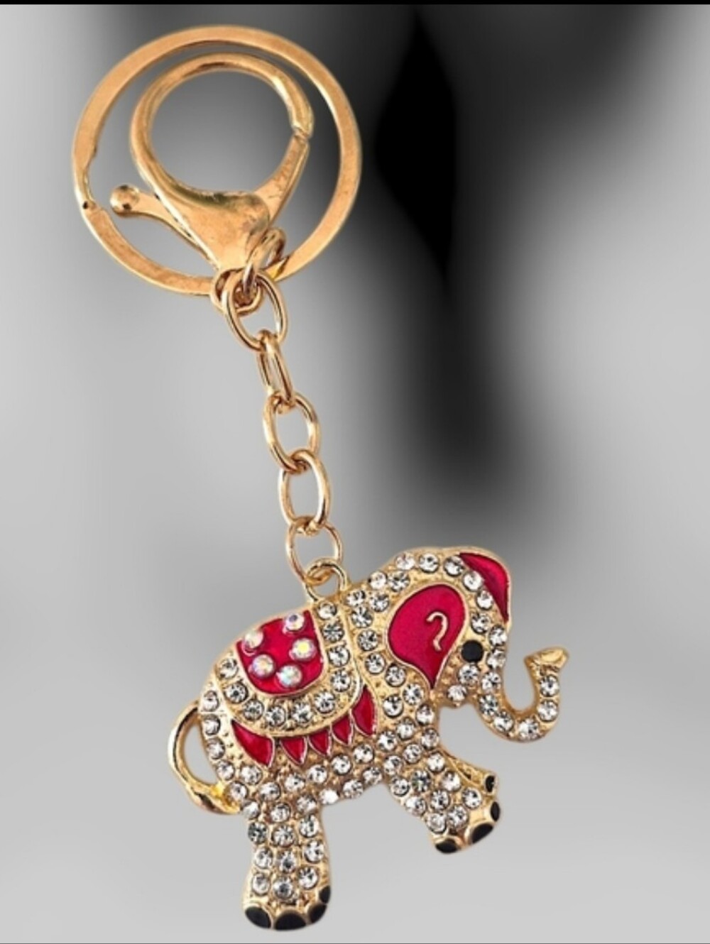 Mint Gold-tone Elephant Keychain with Red Enamel & Rhinestones